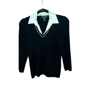 August Silk Black Silk Blend Collared Faux Pearl Beaded Accents V Neck Sweater